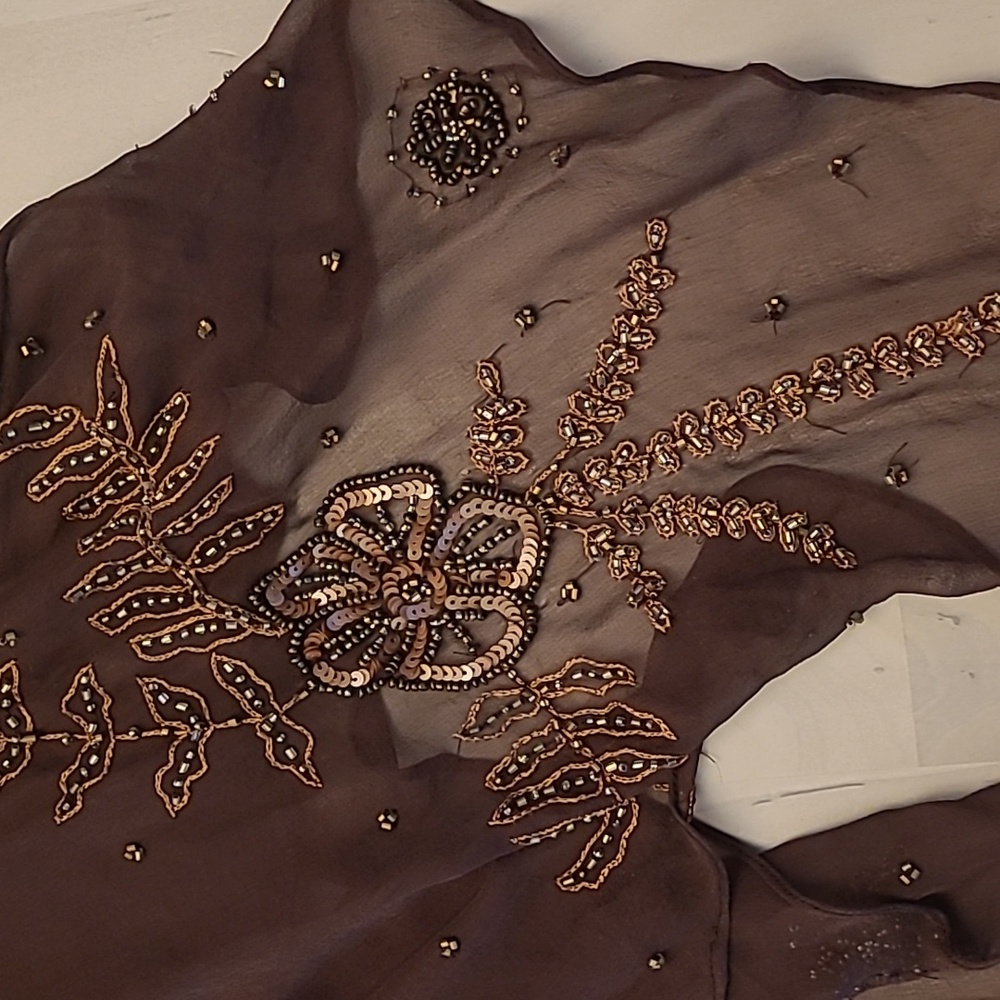 EUC VTG Marina 100% Silk Beaded and Sequined Chocolate Bown Lined Dress - Picture 13 of 17